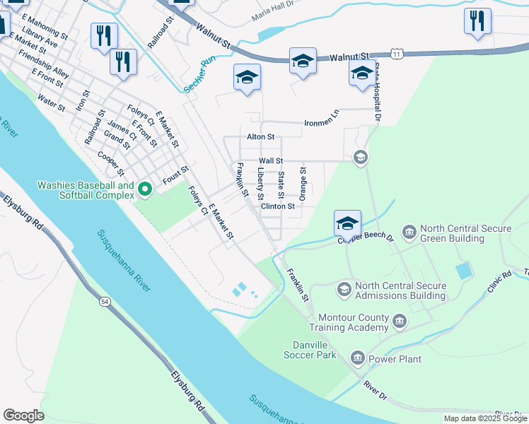 map of restaurants, bars, coffee shops, grocery stores, and more near 614 Clinton Street in Danville