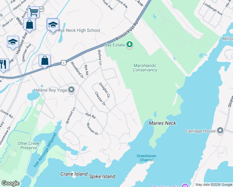 map of restaurants, bars, coffee shops, grocery stores, and more near 41 Barlow Lane in Rye