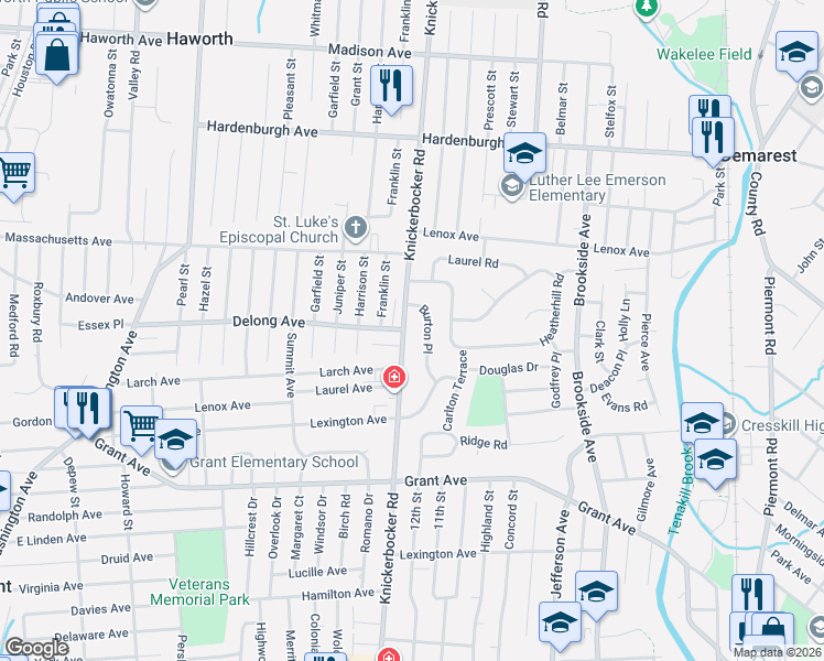 map of restaurants, bars, coffee shops, grocery stores, and more near 610 Knickerbocker Road in Cresskill