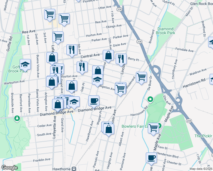 map of restaurants, bars, coffee shops, grocery stores, and more near 91 Post Avenue in Hawthorne