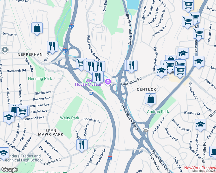 map of restaurants, bars, coffee shops, grocery stores, and more near 340 Tuckahoe Road in Yonkers