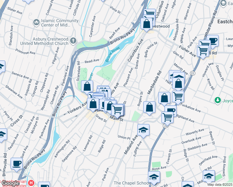 map of restaurants, bars, coffee shops, grocery stores, and more near 50 Columbus Avenue in Tuckahoe