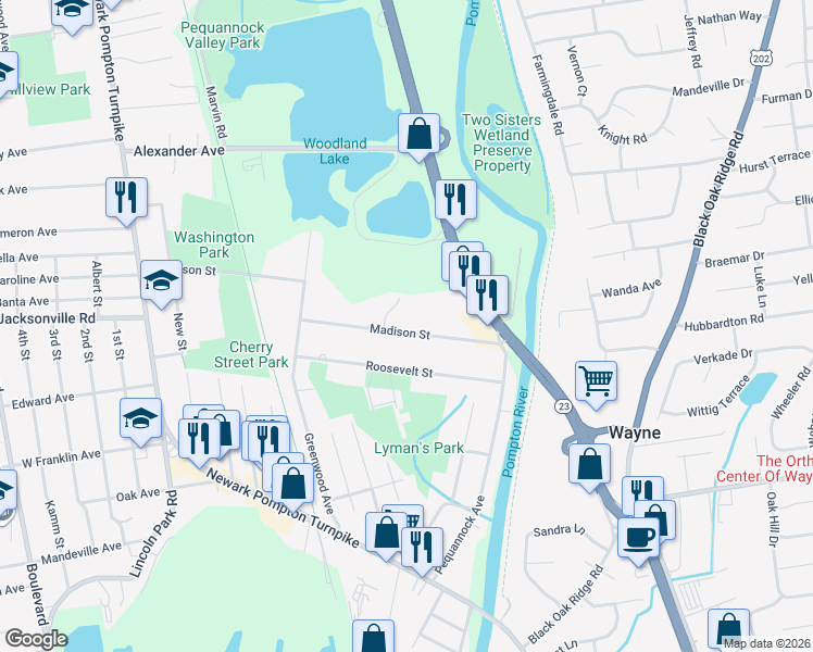 map of restaurants, bars, coffee shops, grocery stores, and more near 41 Madison Street in Pequannock Township