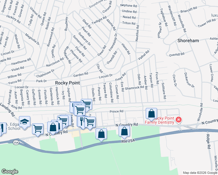 map of restaurants, bars, coffee shops, grocery stores, and more near 19 Teepee Road in Rocky Point