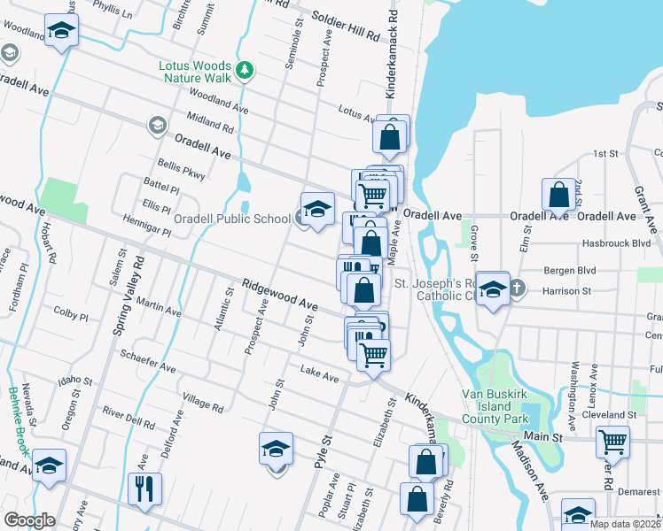 map of restaurants, bars, coffee shops, grocery stores, and more near 654 Park Avenue in Oradell