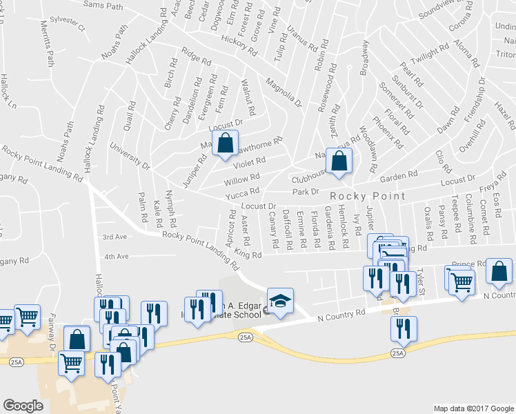 map of restaurants, bars, coffee shops, grocery stores, and more near 39 Begonia Road in Rocky Point