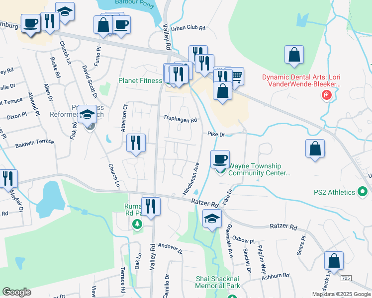map of restaurants, bars, coffee shops, grocery stores, and more near 30 Knox Terrace in Wayne