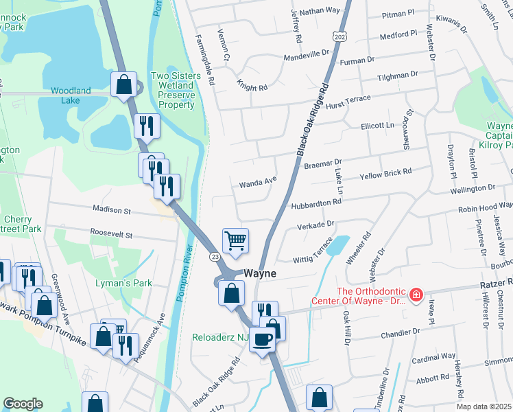 map of restaurants, bars, coffee shops, grocery stores, and more near 19 Debbie Court in Wayne