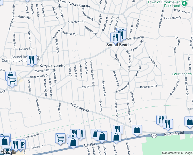 map of restaurants, bars, coffee shops, grocery stores, and more near 47 Groveland Park Boulevard in Sound Beach