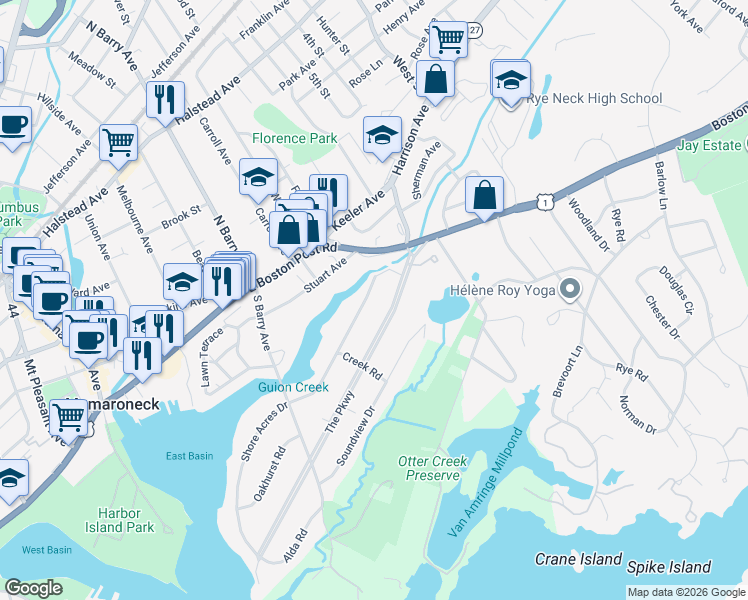 map of restaurants, bars, coffee shops, grocery stores, and more near 941 Shore Acres Drive in Mamaroneck