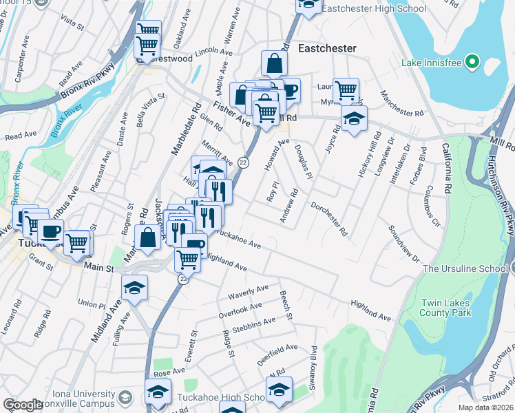 map of restaurants, bars, coffee shops, grocery stores, and more near 96 Joyce Road in Eastchester