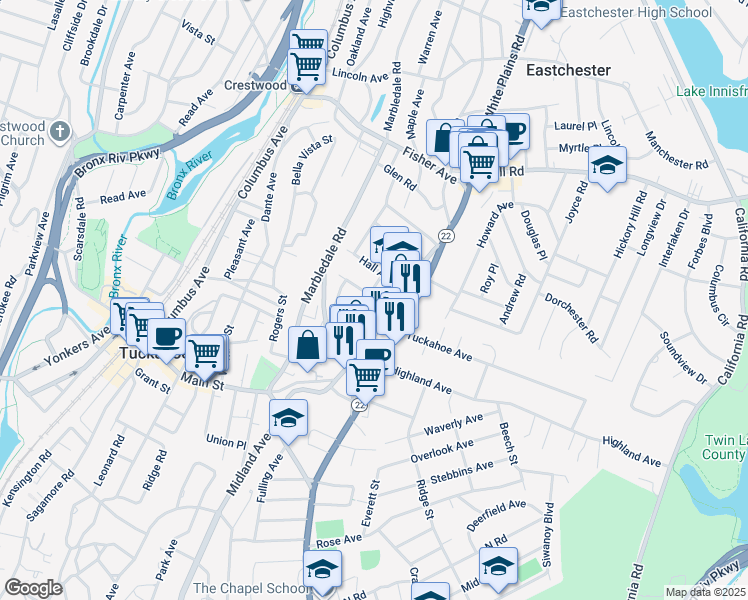 map of restaurants, bars, coffee shops, grocery stores, and more near 255 Main Street in Eastchester