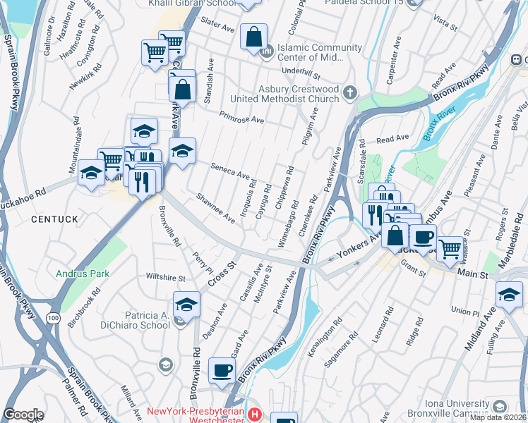 map of restaurants, bars, coffee shops, grocery stores, and more near 21 Chippewa Road in Yonkers