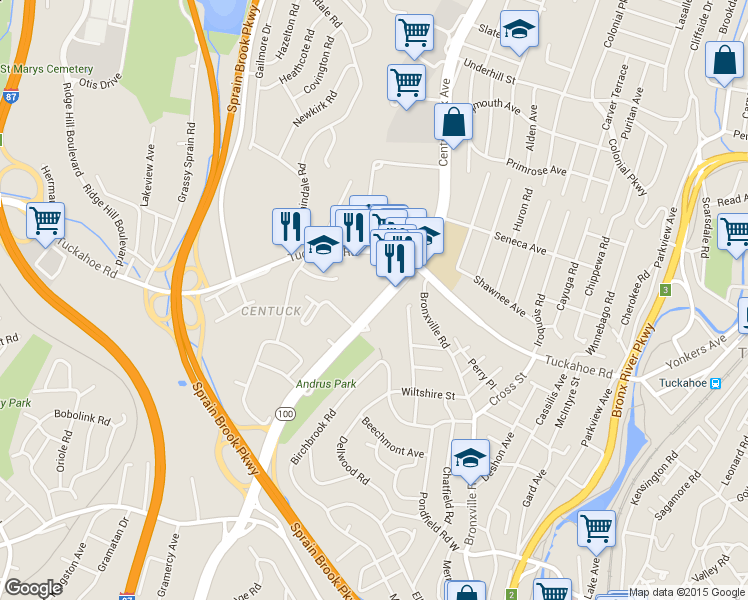 map of restaurants, bars, coffee shops, grocery stores, and more near 1500 Central Park Avenue in Yonkers