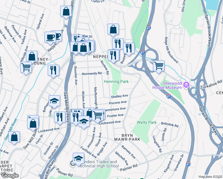 map of restaurants, bars, coffee shops, grocery stores, and more near 149 Rockne Road in Yonkers