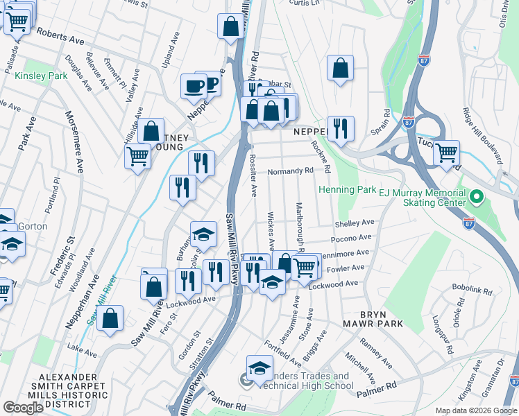 map of restaurants, bars, coffee shops, grocery stores, and more near 92 Henry Street in Yonkers