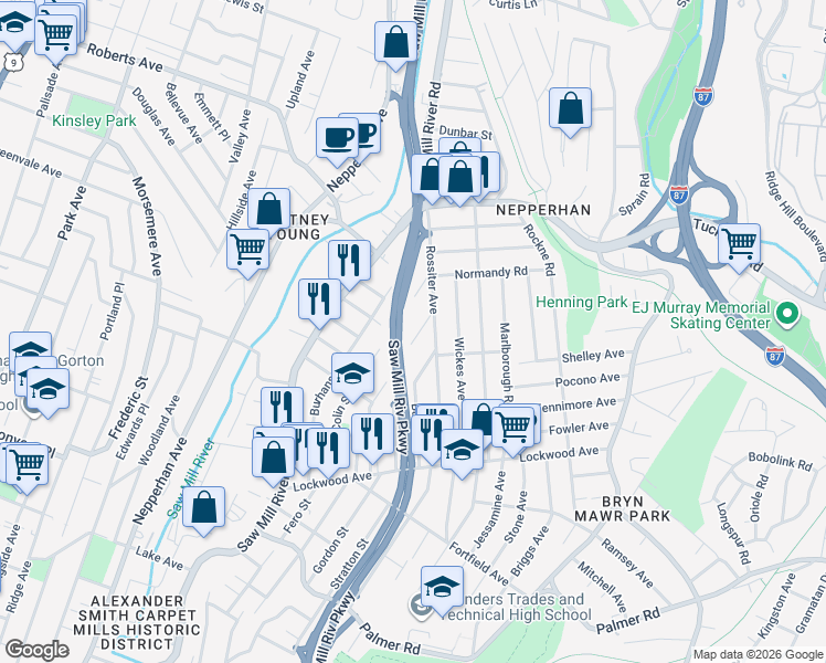 map of restaurants, bars, coffee shops, grocery stores, and more near 110 North Nichols Avenue in Yonkers