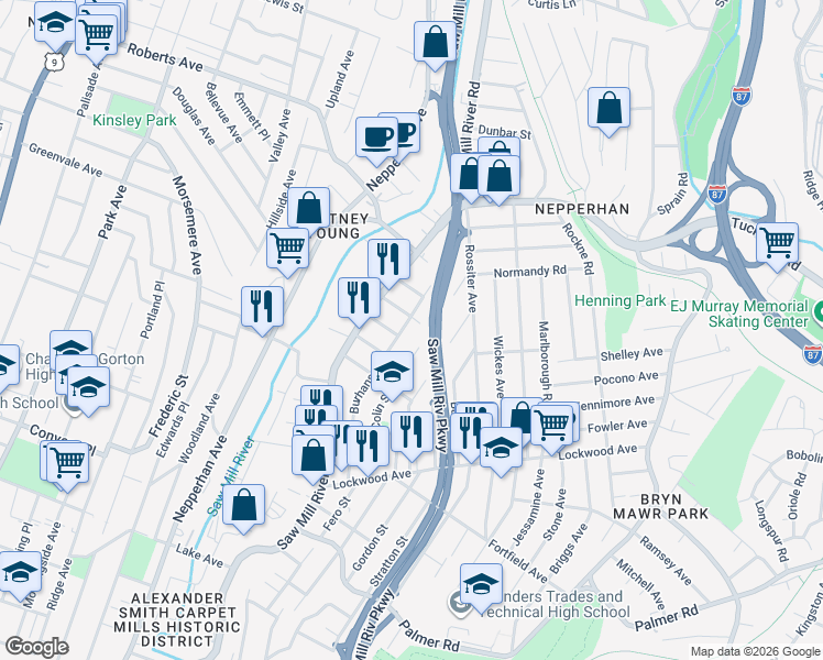 map of restaurants, bars, coffee shops, grocery stores, and more near 103 Colin Street in Yonkers