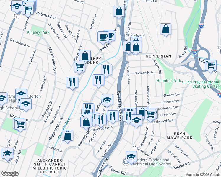map of restaurants, bars, coffee shops, grocery stores, and more near 103 Colin Street in Yonkers