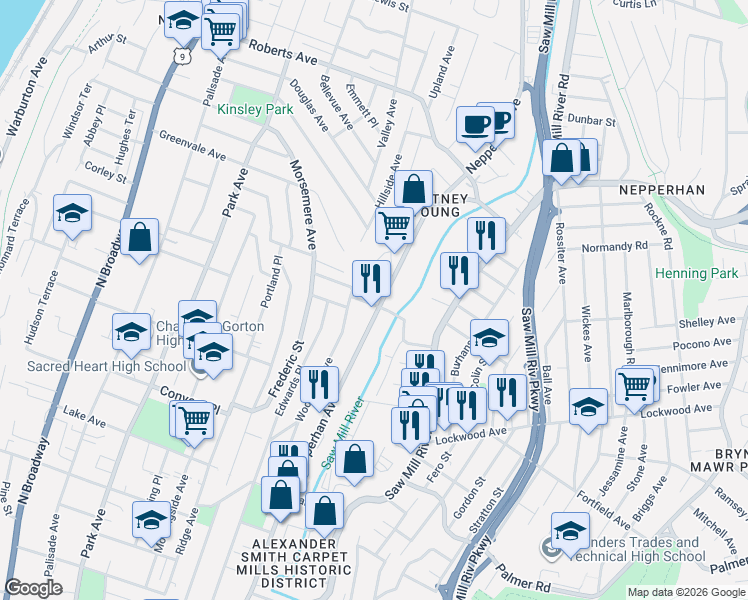 map of restaurants, bars, coffee shops, grocery stores, and more near 765 Nepperhan Avenue in Yonkers