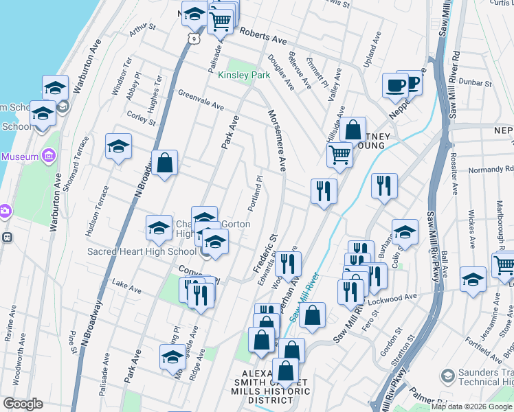 map of restaurants, bars, coffee shops, grocery stores, and more near 354 Sommerville Place in Yonkers