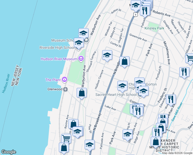 map of restaurants, bars, coffee shops, grocery stores, and more near 98 Hudson Terrace in Yonkers