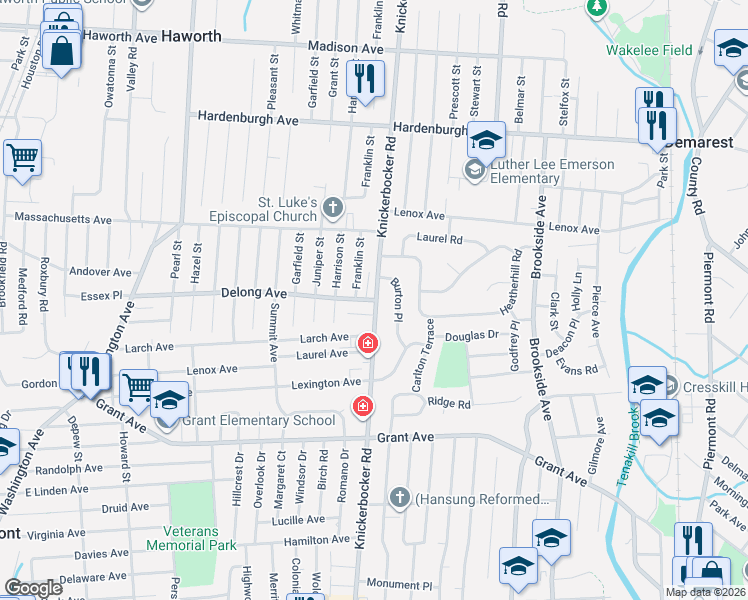 map of restaurants, bars, coffee shops, grocery stores, and more near 610 Knickerbocker Road in Cresskill
