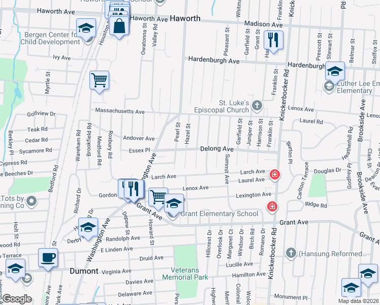 map of restaurants, bars, coffee shops, grocery stores, and more near 22 Harding Avenue in Dumont
