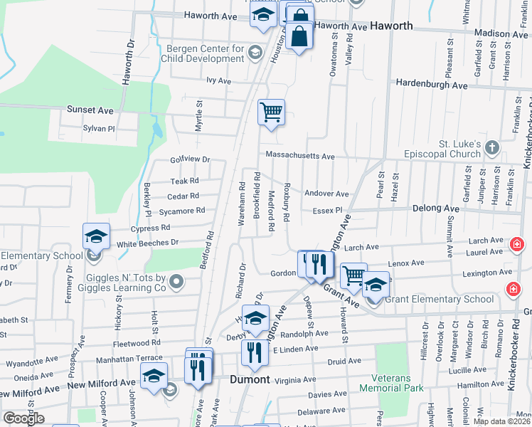 map of restaurants, bars, coffee shops, grocery stores, and more near 10 Brookfield Road in Dumont