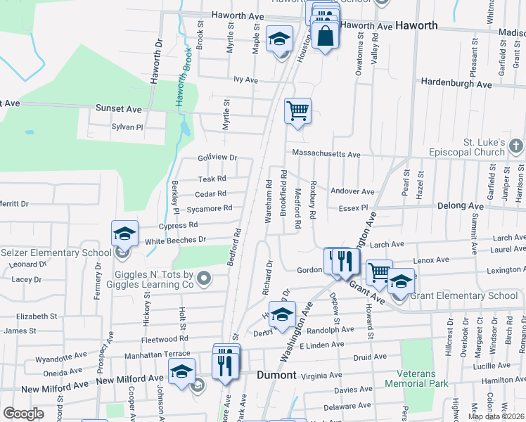 map of restaurants, bars, coffee shops, grocery stores, and more near 8 Wareham Road in Dumont