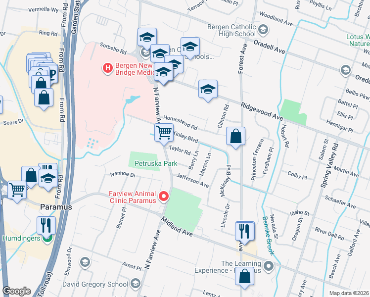map of restaurants, bars, coffee shops, grocery stores, and more near 219 Sweetbriar Avenue in Paramus