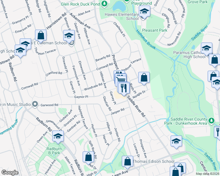 map of restaurants, bars, coffee shops, grocery stores, and more near 11 Garvey Place in Glen Rock