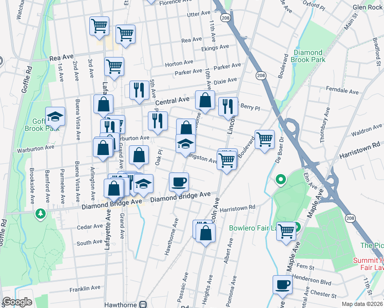 map of restaurants, bars, coffee shops, grocery stores, and more near 91 Post Avenue in Hawthorne