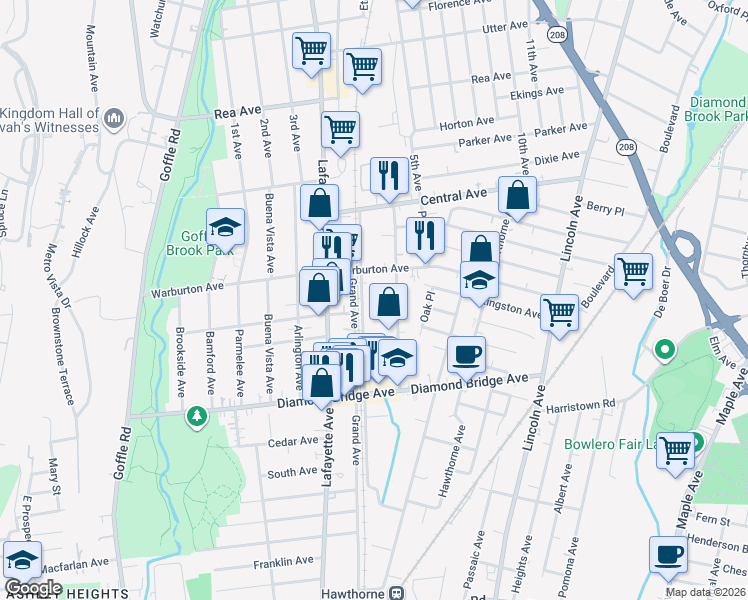 map of restaurants, bars, coffee shops, grocery stores, and more near 3 McKinley Avenue in Hawthorne