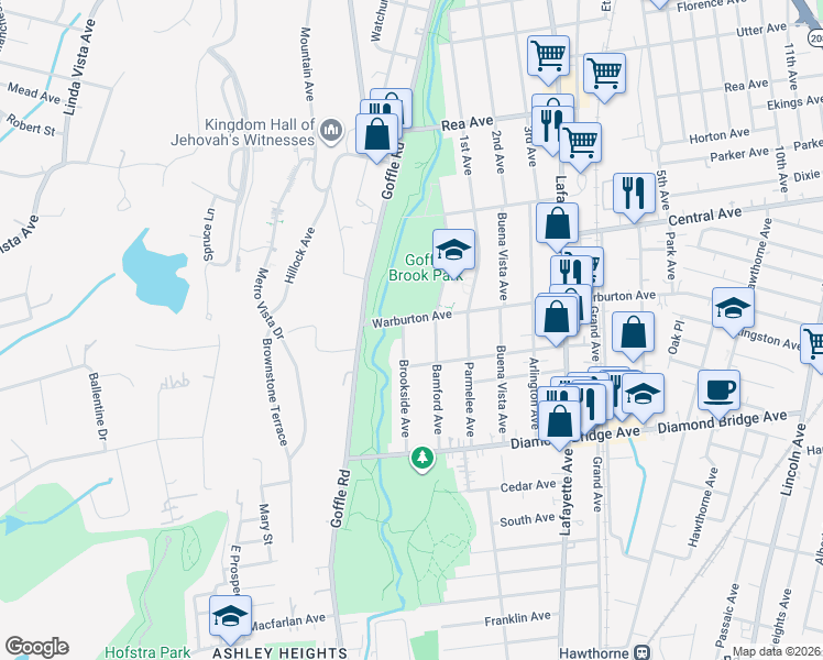 map of restaurants, bars, coffee shops, grocery stores, and more near 85 Brookside Avenue in Hawthorne