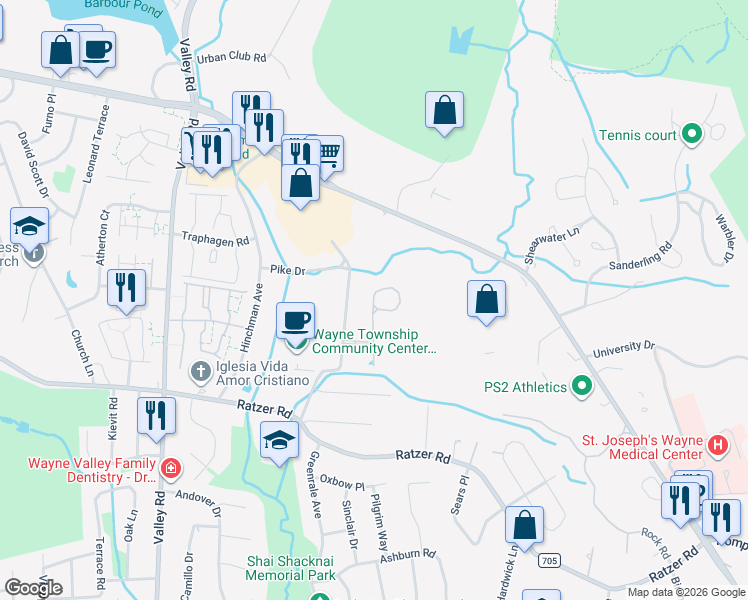 map of restaurants, bars, coffee shops, grocery stores, and more near 414 4 Seasons Drive in Wayne