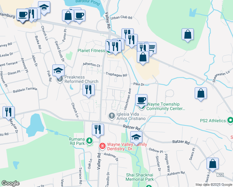 map of restaurants, bars, coffee shops, grocery stores, and more near 22 Knox Terrace in Wayne