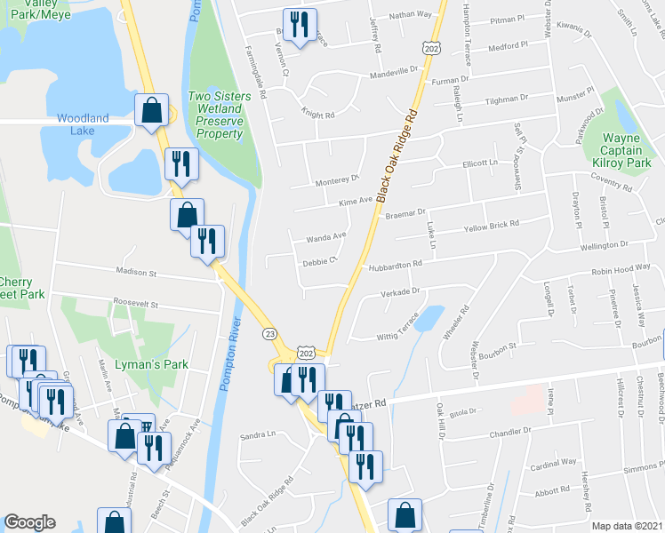 map of restaurants, bars, coffee shops, grocery stores, and more near 15 Debbie Court in Wayne