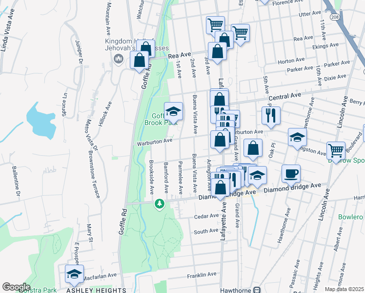map of restaurants, bars, coffee shops, grocery stores, and more near 97 Parmelee Avenue in Hawthorne