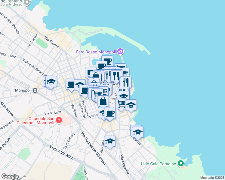 map of restaurants, bars, coffee shops, grocery stores, and more near 46 Via Barbacana in Monopoli