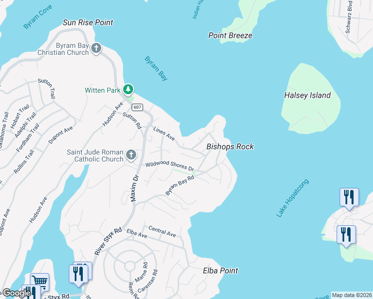 map of restaurants, bars, coffee shops, grocery stores, and more near 16 Lakeview Road in Hopatcong