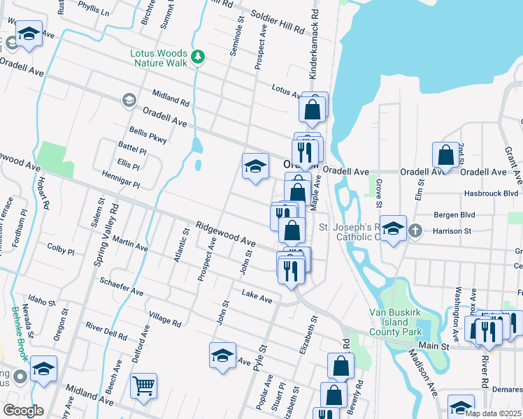 map of restaurants, bars, coffee shops, grocery stores, and more near 654 Park Avenue in Oradell