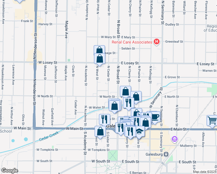 map of restaurants, bars, coffee shops, grocery stores, and more near 399 North Cedar Street in Galesburg