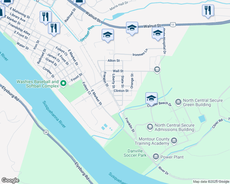 map of restaurants, bars, coffee shops, grocery stores, and more near 614 Clinton Street in Danville