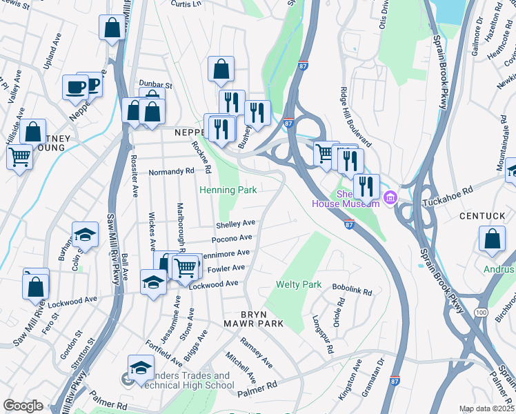 map of restaurants, bars, coffee shops, grocery stores, and more near 79 Mile Square Road in Yonkers