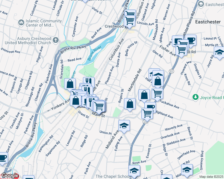 map of restaurants, bars, coffee shops, grocery stores, and more near 59 Wallace Street in Tuckahoe