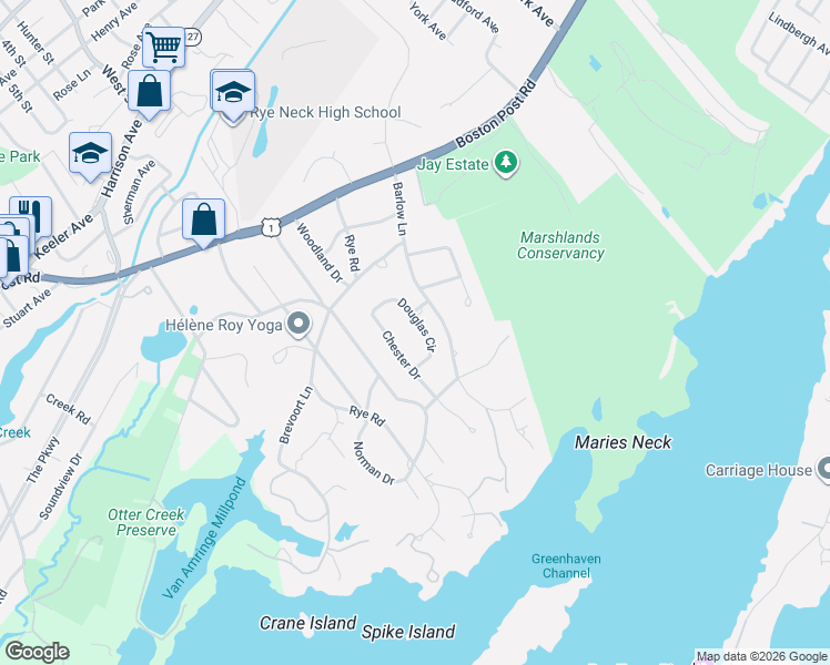map of restaurants, bars, coffee shops, grocery stores, and more near 16 Chester Drive in Rye