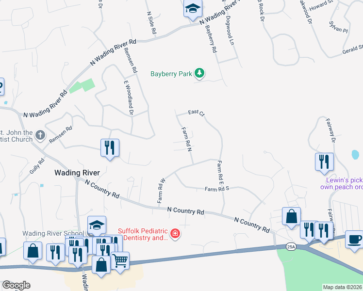 map of restaurants, bars, coffee shops, grocery stores, and more near 35 Farm Road North in Wading River