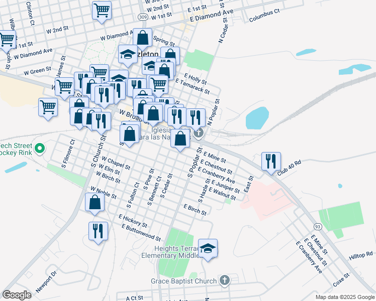 map of restaurants, bars, coffee shops, grocery stores, and more near 218 East Mine Street in Hazleton