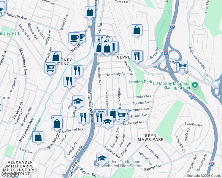 map of restaurants, bars, coffee shops, grocery stores, and more near 109 Buckingham Road in Yonkers